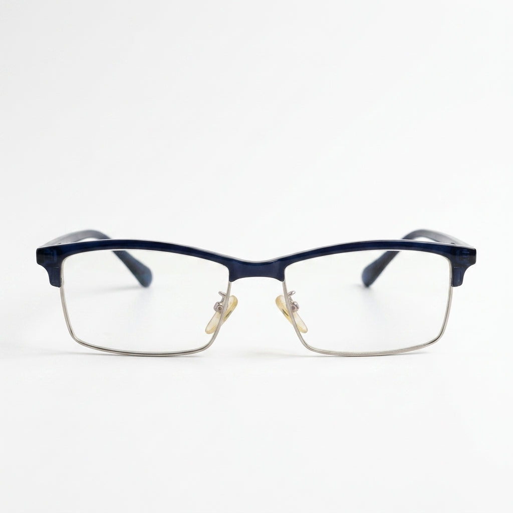 Unisex Half Rim Rectangle Eyeglass Frame – Navy Blue & Silver | Lightweight Metal Optical Glasses