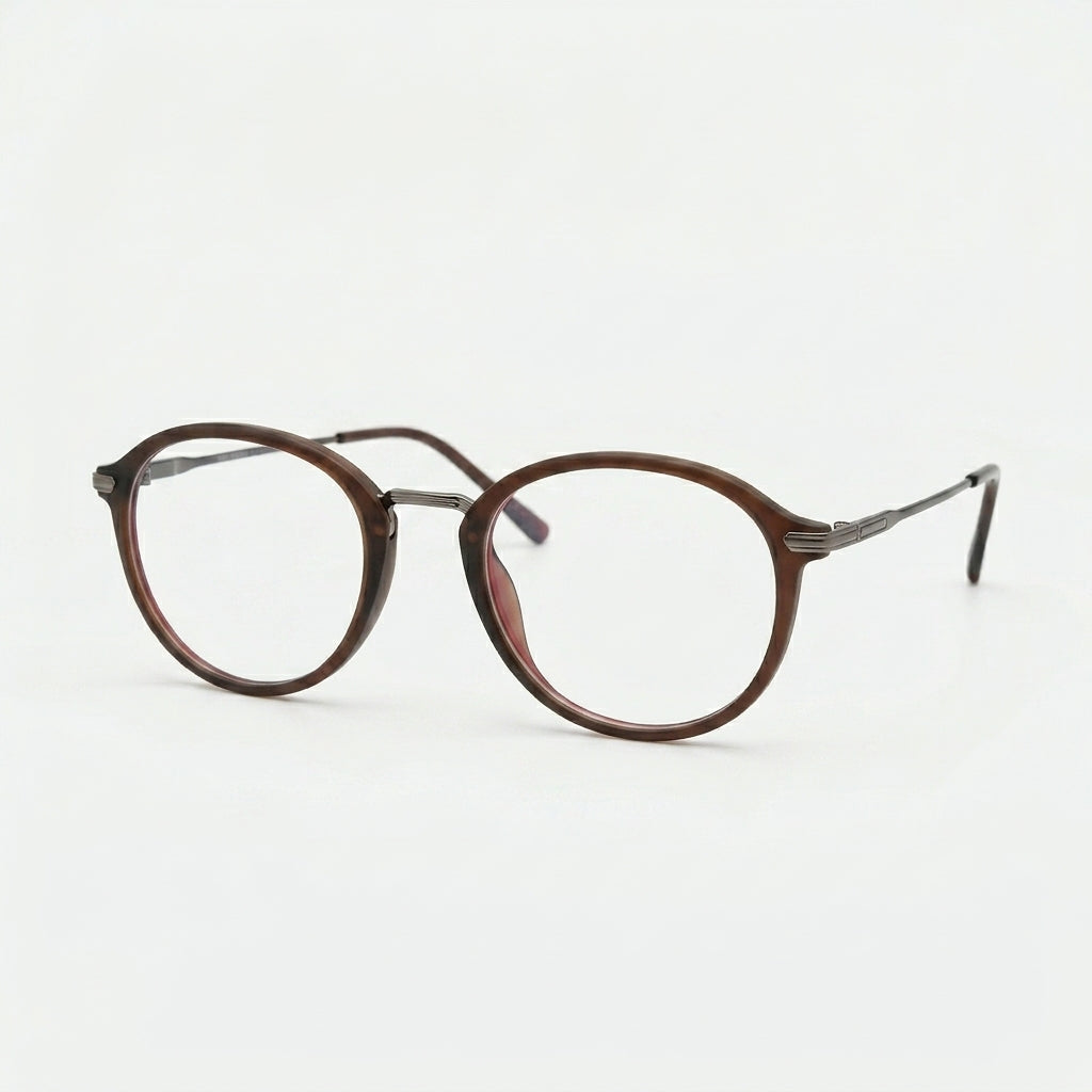 Unisex Round Eyeglass Frame – Brown Transparent with Metal Temples | Vintage Style Optical Glasses
