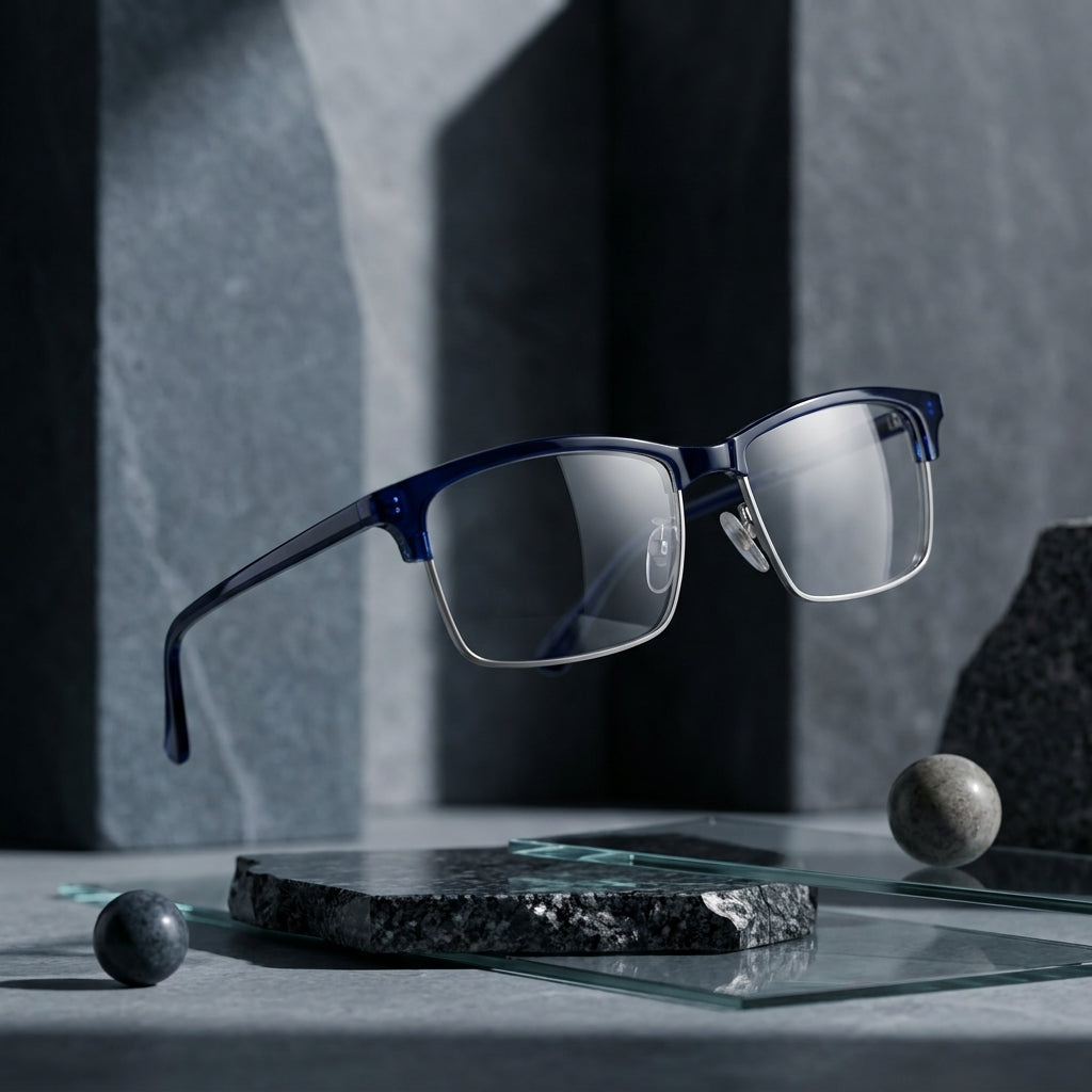 Unisex Half Rim Rectangle Eyeglass Frame – Navy Blue & Silver | Lightweight Metal Optical Glasses