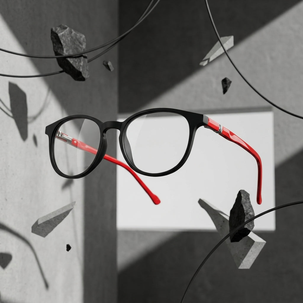 Unisex Narrow Oval Eyeglass Frame – Matte Black & Red | Trendy Retro Optical Glasses