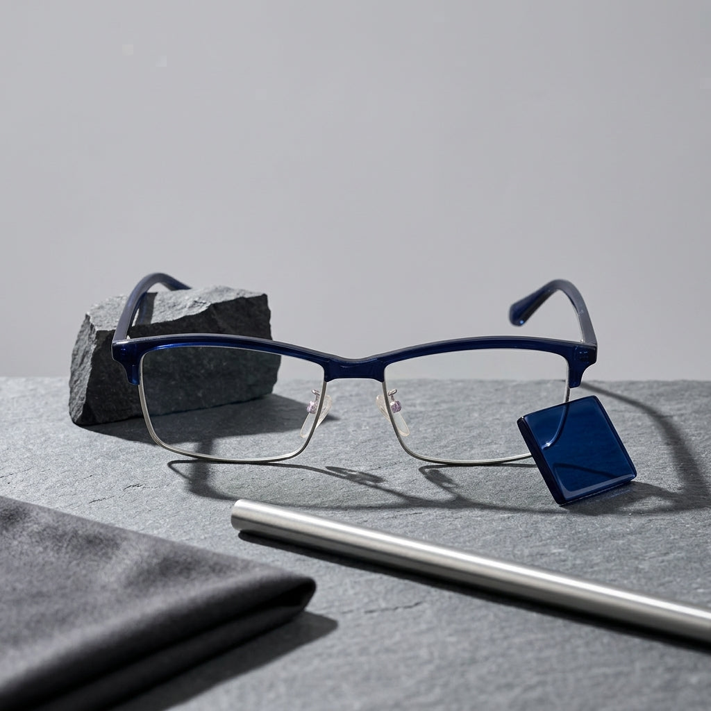 Unisex Half Rim Rectangle Eyeglass Frame – Navy Blue & Silver | Lightweight Metal Optical Glasses