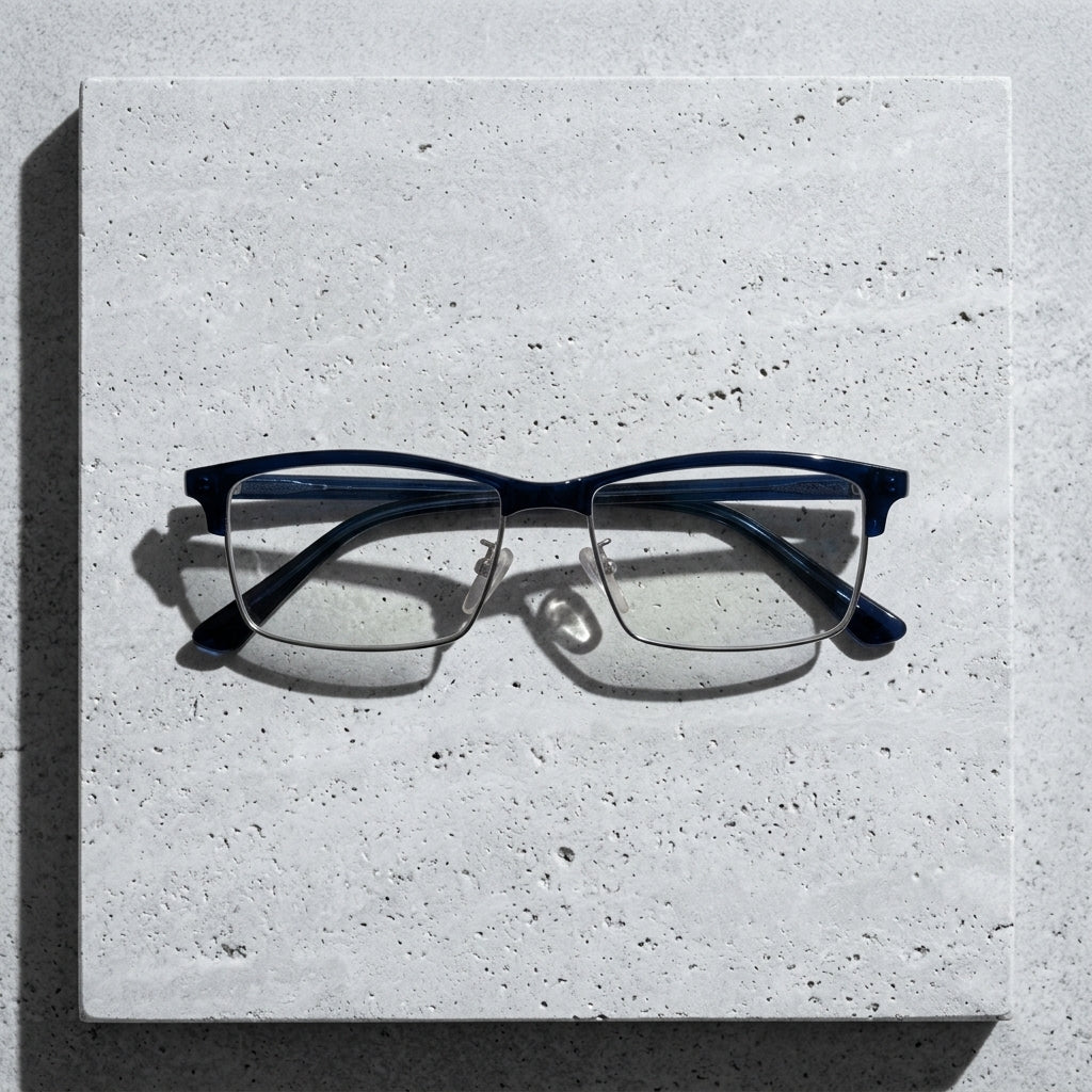 Unisex Half Rim Rectangle Eyeglass Frame – Navy Blue & Silver | Lightweight Metal Optical Glasses