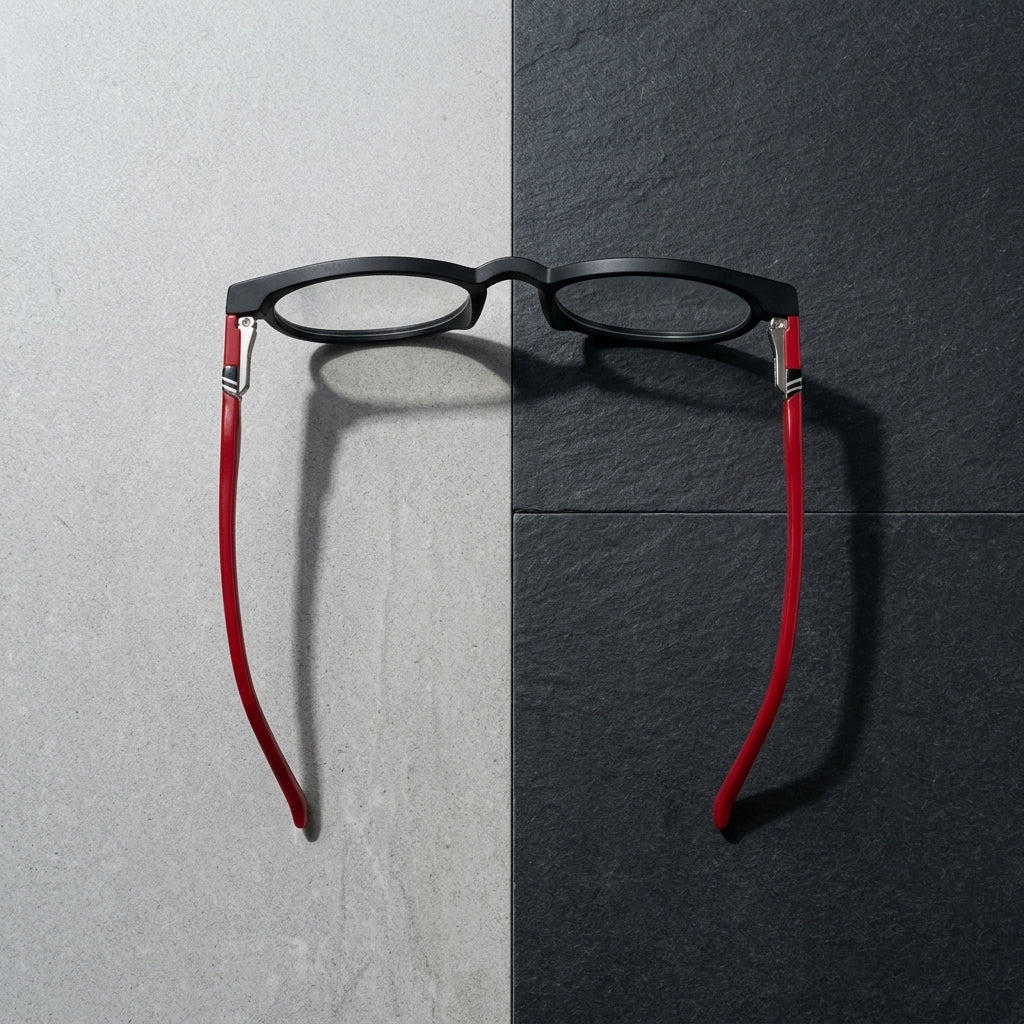 Unisex Narrow Oval Eyeglass Frame – Matte Black & Red | Trendy Retro Optical Glasses
